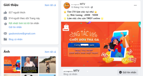 Mẩu quảng cáo lừa tuyển dụng cộng tác viên của một fanpage trên Facebook. Mẩu quảng cáo lừa tuyển dụng cộng tác viên của một fanpage trên Facebook..